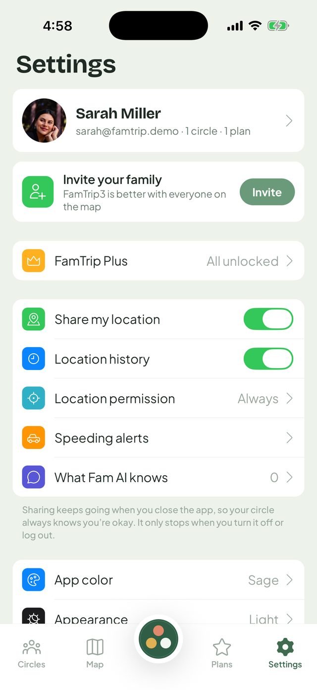 FamTrip3 Settings: Share my location, Location history, Location permission and What Fam AI knows