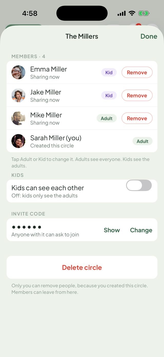 The Millers circle in FamTrip3: four members marked as adults or kids, and the invite code