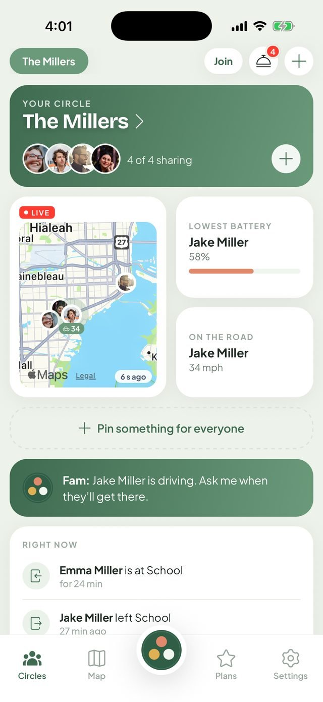 The FamTrip3 Circles screen: the Miller family, a live mini map, Jake driving at 34 mph and Emma at school