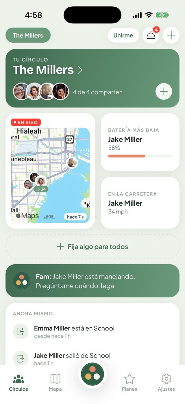 FamTrip3 in Spanish: the Millers circle, with Jake driving and Emma at school