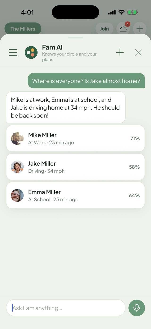 Fam AI answering where the family is, with a card for Mike, Jake and Emma