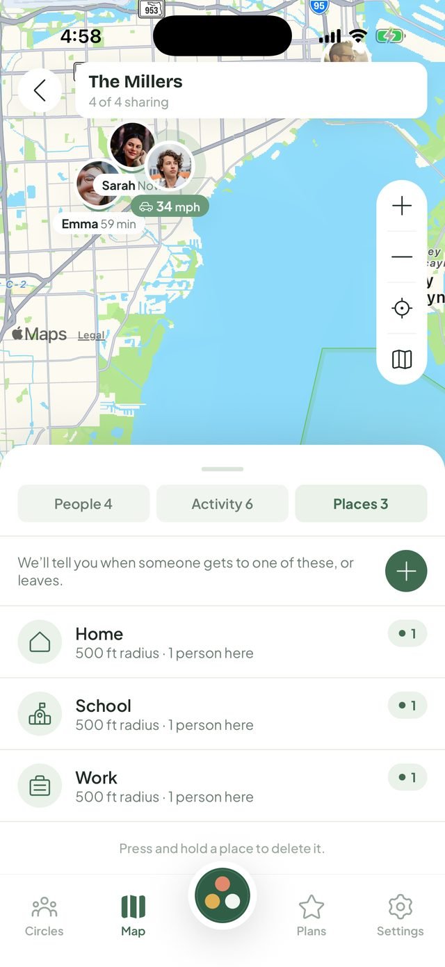 Saved places in FamTrip3: Home, School and Work, each with a 500 ft radius and one person there