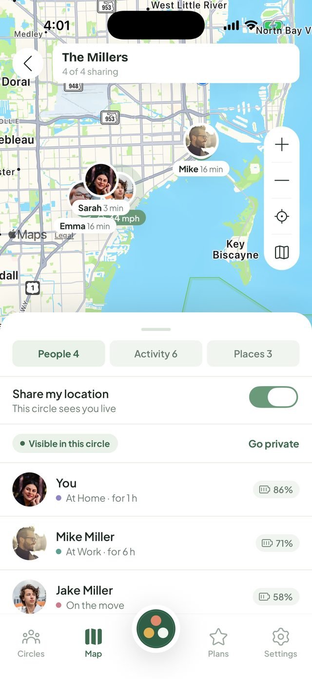 The family map over Miami with Sarah, Mike, Jake and Emma, and the list of where each one is