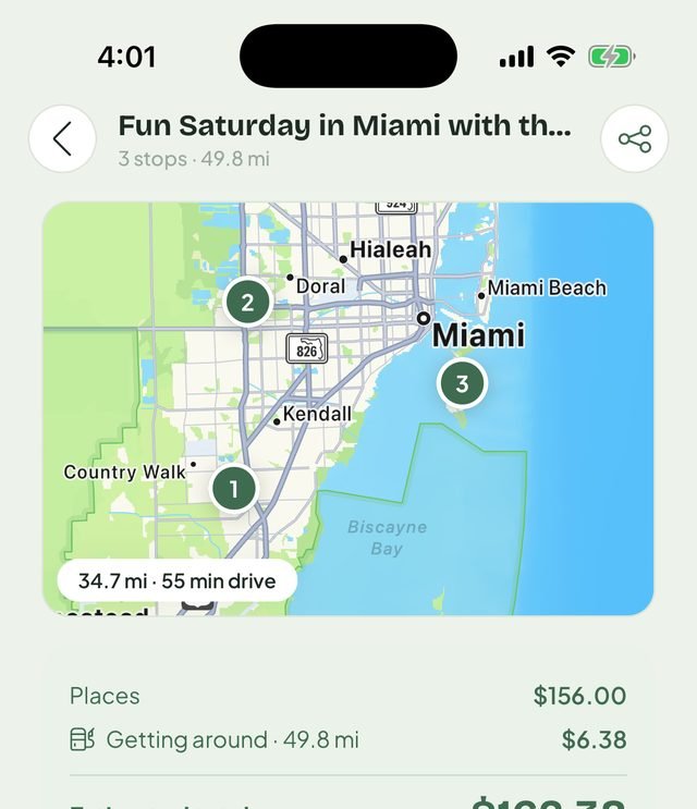 A Fam AI plan in Miami: Zoo Miami, The Cheesecake Factory and Crandon Park, 49.8 miles, $162.38 total
