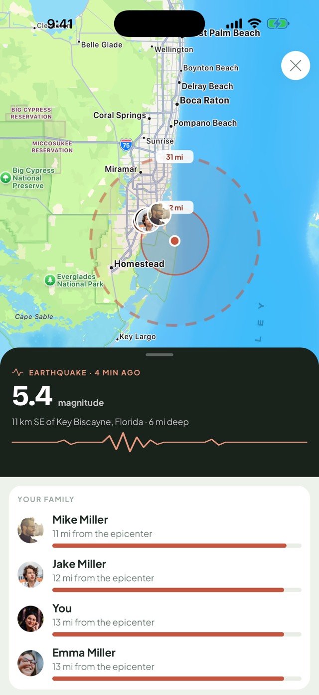 The FamTrip3 earthquake map: a magnitude 5.4 earthquake near Key Biscayne, Florida, with rings at 12 and 31 miles and how far it was from each person in the Miller family
