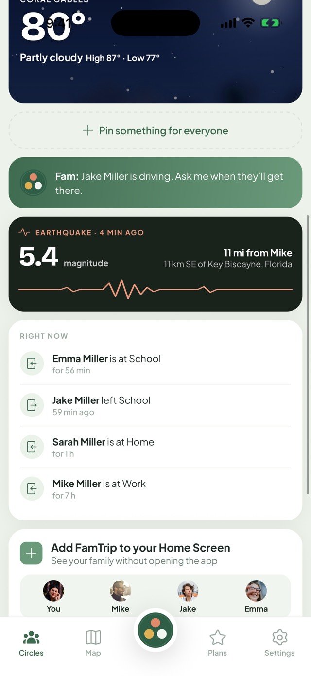 The FamTrip3 Circles screen with the earthquake card: magnitude 5.4, 4 minutes ago, 11 miles from Mike, above what the family is doing right now